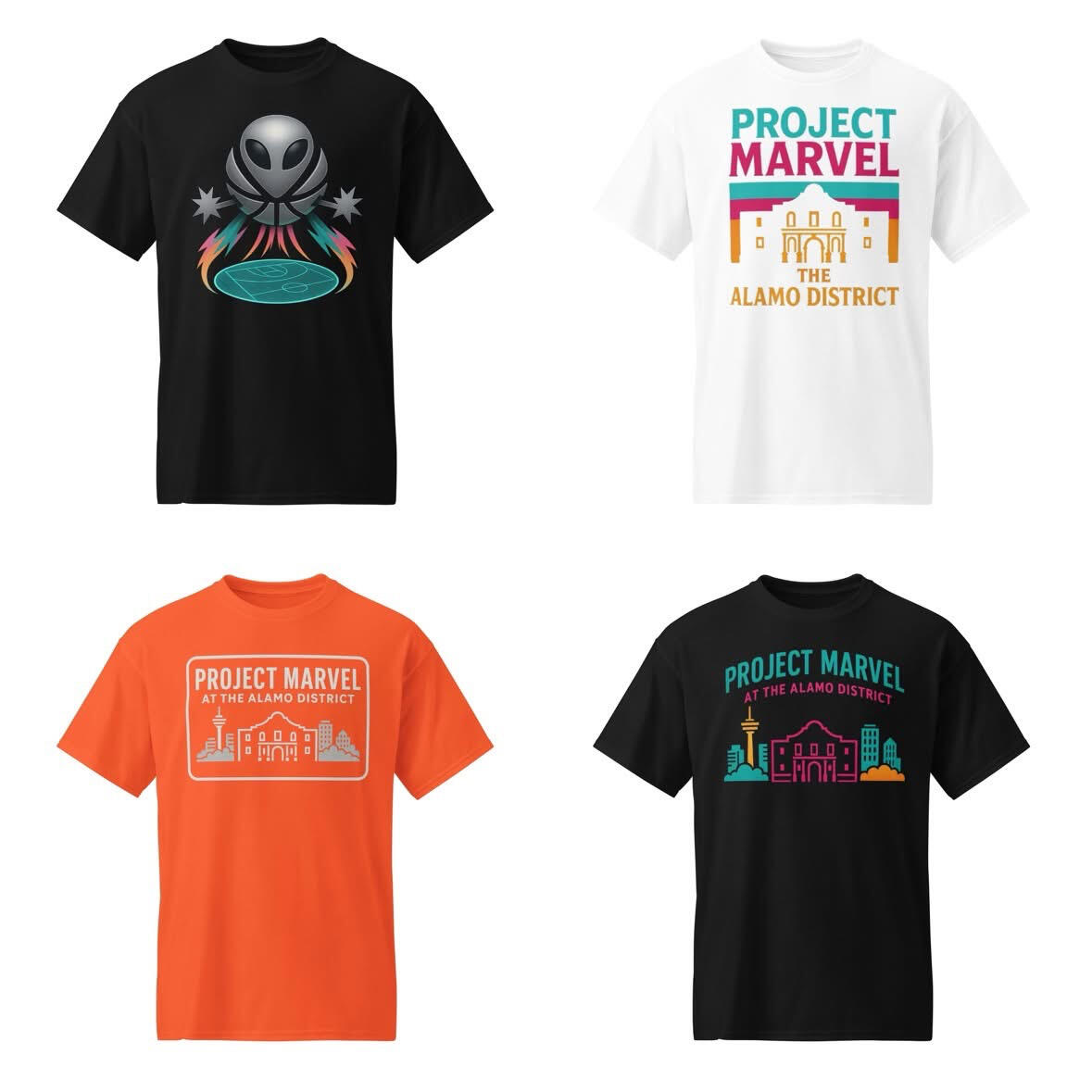 Colorful logo of Project Marvel SA featuring San Antonio skyline in Fiesta colors